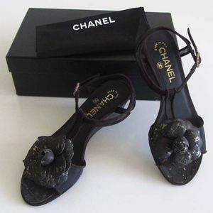 CHANEL Camellia CC t-strap wedge sandals 36.5/ 6.5
